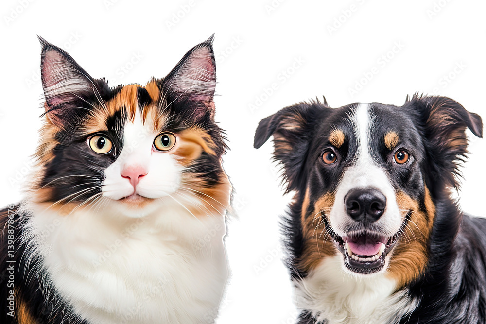 Poster calico cat and a smiling dog both facing the camera against a white background showcasing their dist
