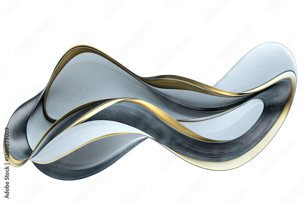 Poster an abstract design with flowing curves in shades of white gray and gold creating a sense of elegance