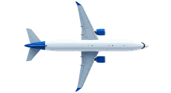 Aerial view of a white and blue airplane against a black background with visible engines and wings