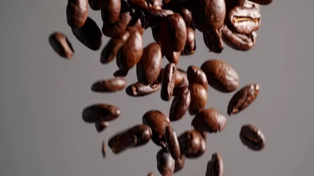 Close-up video of coffee beans falling against a gray background, captured from a low angle, highlighting texture and motion in a minimalist style. Live desktop wallpaper.