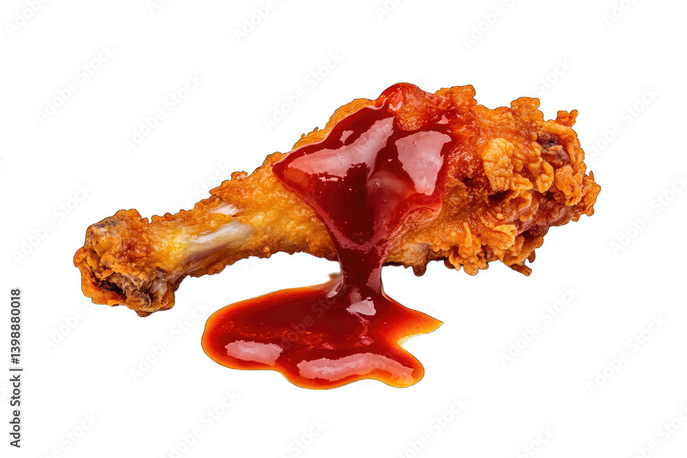 Poster a crispy fried chicken drumstick topped with a generous amount of red sauce showcasing its appetizin