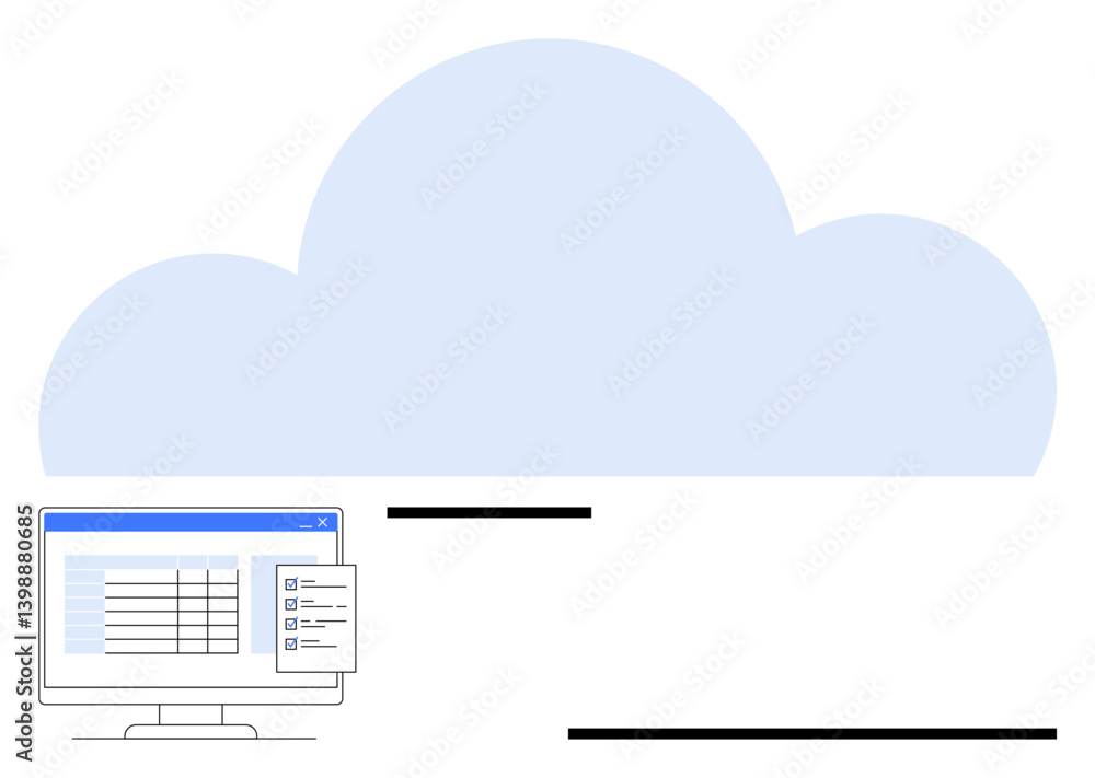 Poster monitor showcasing a digital file interface, connected to a large cloud. ideal for storage, organiza