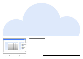 Monitor showcasing a digital file interface, connected to a large cloud. Ideal for storage, organization, technology, data sharing, remote work, security innovation. Flat simple metaphor