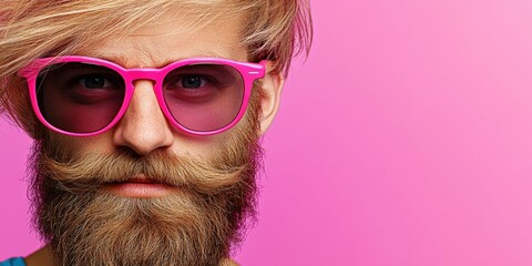 A man with a pink and purple pair of sunglasses on his face. The sunglasses are on his face and he is looking at the camera