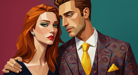 Couple with bold geometric features and vibrant expressions, woman with emerald eyes and auburn hair, man in patterned suit, rich crimson and teal background evokes warmth