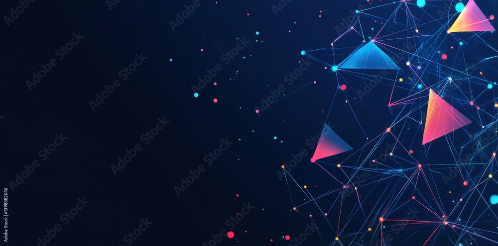 Poster abstract representation of interconnectedness in an ai system design, with colorful triangular patte