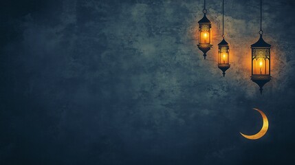 Ramadan background, with ample copy space for text and graphics, lanterns hanging on the right side of the wall, crescent moon. Horizontal banner for social media posts.