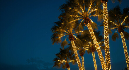 Cluster of decorated palm trees illuminated with warm fairy lights against a deep blue twilight sky, creating a whimsical and festive atmosphere