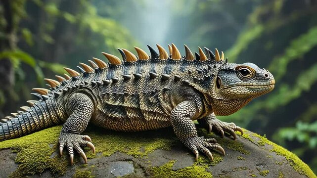 Magnificent spiny lizard resting on mossy rock surrounded by lush green foliage, close up view of reptilian creature and nature.
