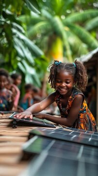 close-up of young African American girl assembling small solar powered device, innovative eco-friendly technology for a sustainable future