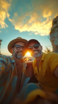 gay couple sharing a cozy moment together on a beach, amidst rocks and mountains with a bonfire at sunset