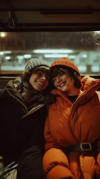  Candid shot of two women, a lesbian couple, seated together in transportation, taking a playful photo while on the move, celebrating love and diversity in a joyful moment