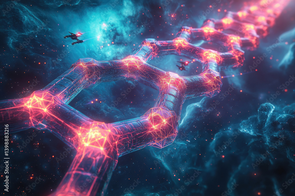 Poster glowing dna helix structure floats in a cosmic nebula, two spaceships fly nearby.