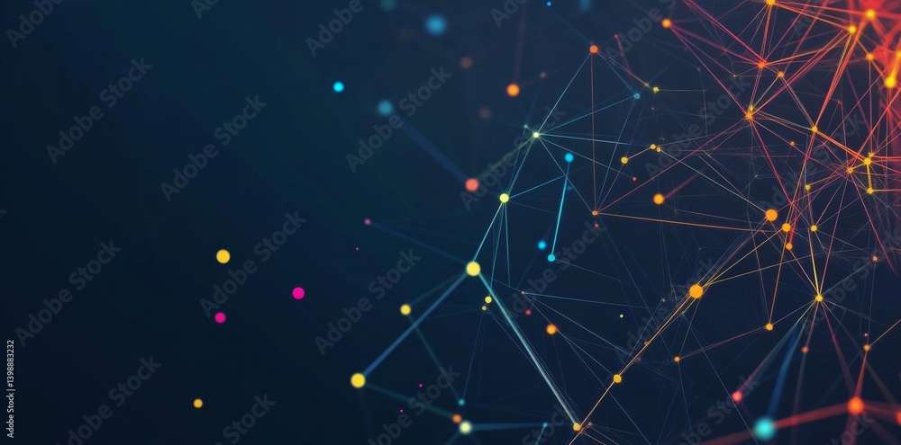 Poster abstract representation of interconnectedness in an ai system design, with colorful triangular patte