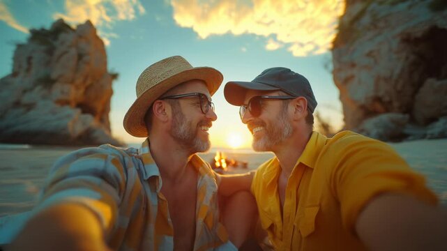 gay couple sharing a cozy moment together on a beach, amidst rocks and mountains with a bonfire at sunset