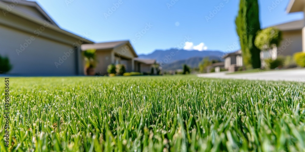 Wall mural a large green lawn with a house in the background. the grass is well-maintained and the view of the 