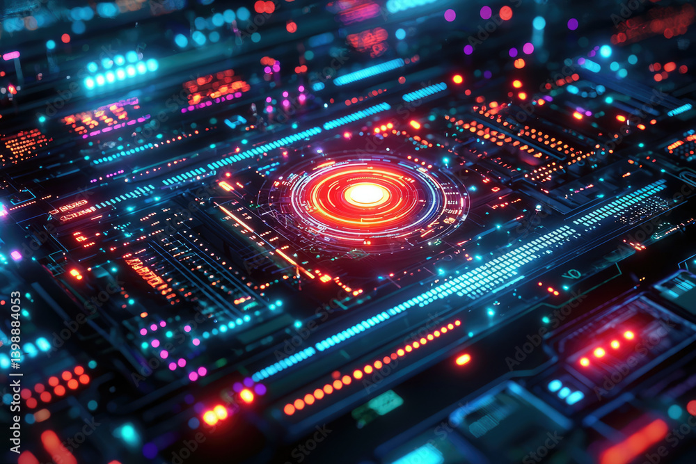 Poster futuristic digital circuit board with glowing neon lights and central processing unit.