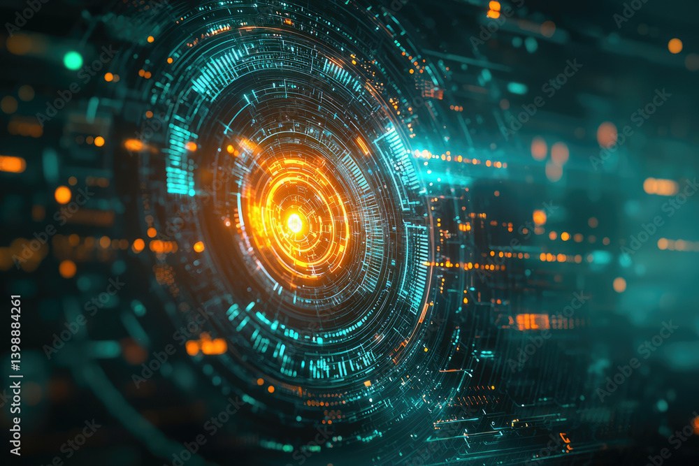 Aufkleber abstract digital art depicting a futuristic technological interface with glowing orange and teal con