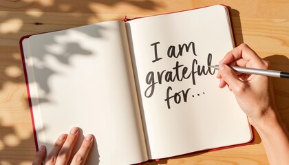 Open gratitude journal on wooden table with sunlight and hand writing I am grateful for with black pen