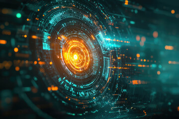Obraz premium Abstract digital art depicting a futuristic technological interface with glowing orange and teal concentric circles.