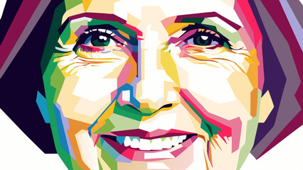 Close-up stylized portrait of smiling elderly woman with colorful face highlights. Concept: joy, diversity, age, emotion, character, positivity, experience. Suitable for expressive, inclusive visuals