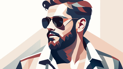 Sophisticated stylish man portrait. Man with aviator sunglasses, beard, and modern graphic design. Concept: Men's fashion, modern aesthetics, sophisticated style, sunglasses advert , optics