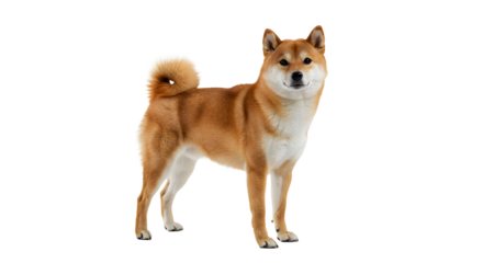 Shiba inu dog standing with curled tail on transparent background