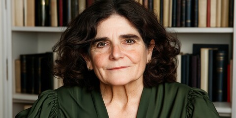 A woman with a green dress is sitting in front of a bookcase. She is smiling and looking at the camera