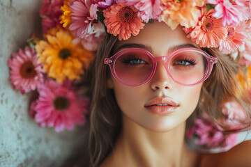 Naklejka premium Portrait of a woman with floral crown and stylish sunglasses
