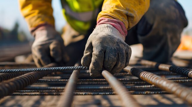 A Hispanic construction worker aligning steel rebar at a construction site. Featuring technical skill and accuracy