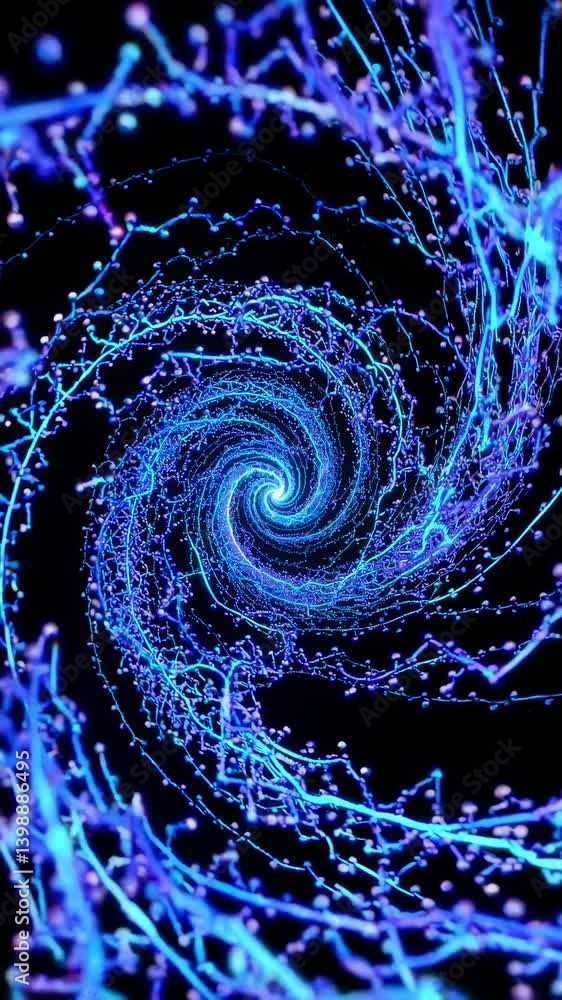 Poster aerial view of a glowing blue spiral pattern resembling a neural network, creating a dynamic, futuri