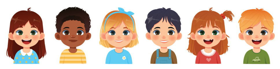 Group of seven smiling cartoon children with different hairstyles and outfits, colorful design on white background. Concept of diversity and childhood joy. Vector illustration