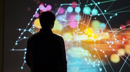 Man observing colorful data network projection