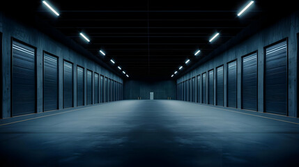 Dark Concrete Corridor With Rows Of Doors And Neon Lighting