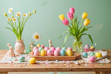 Creative Easter Decor Inspiration Featuring Colorful Eggs, Ceramic Rabbits, and Springtime Flowers – Ideal for Home or Party Setup