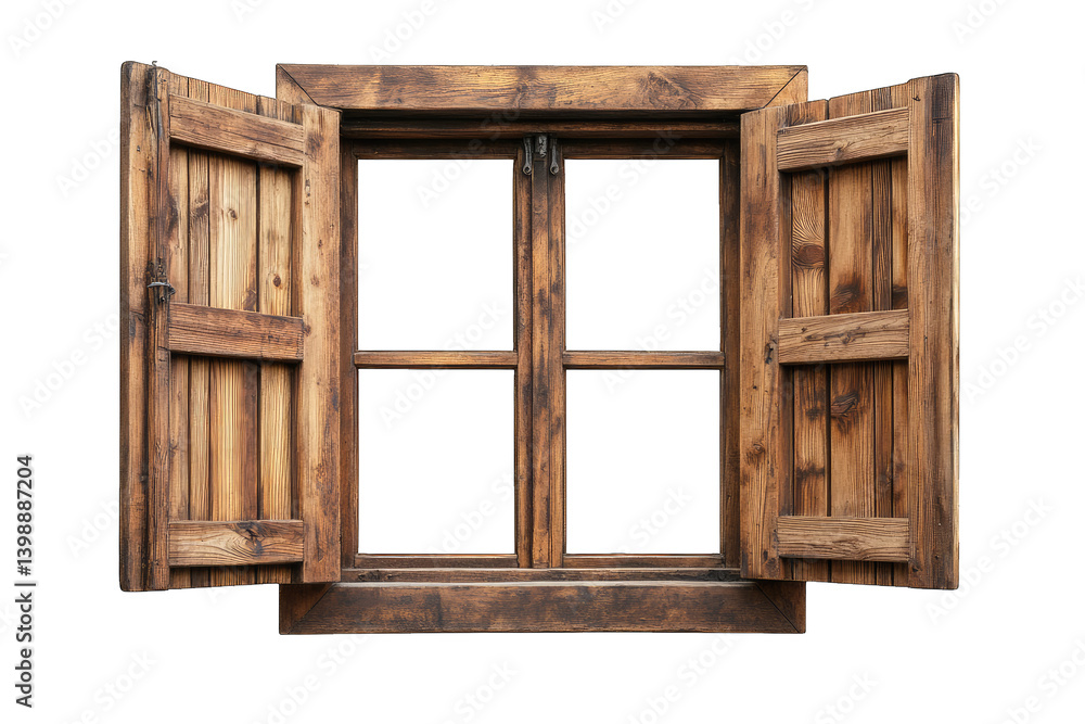 Poster a rustic wooden window with open shutters showcasing a simple design that invites natural light and 