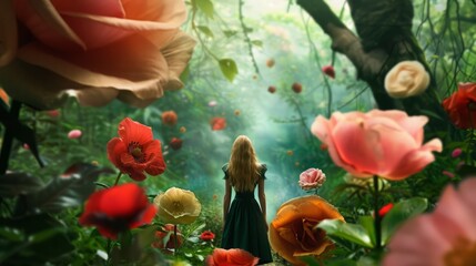 Alice wandering through an enchanted garden filled with oversized, surreal flowers and twisting vines 
