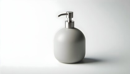 Modern unbranded soap dispenser with ceramic matte body and stainless pump isolated in a bright minimalist setting