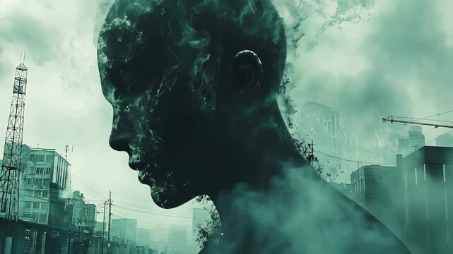 In an urban setting at dusk, creative visuals depict a human profile intertwined with city structures, emphasizing a surreal blend of nature and architecture, prompting reflection on identity.