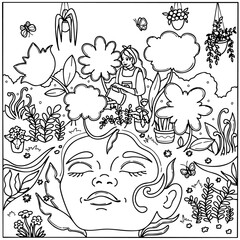 Vector Coloring  page symbolizing mental health as a garden. Female waters blooming plants growing from a serene face, representing inner peace, self-care, and emotional growth through nature.