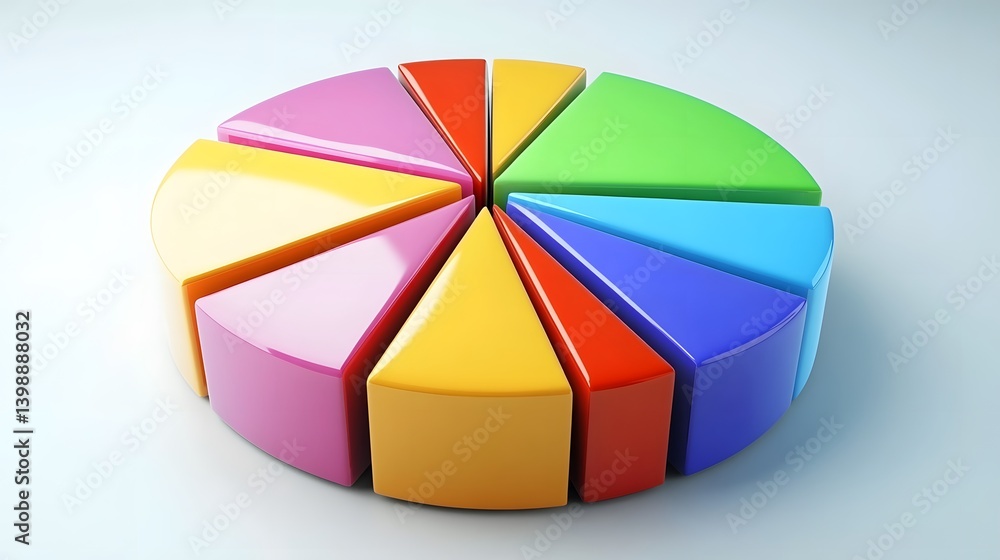 Poster a colorful pie chart visually representing data distribution with each slice in vivid colors.