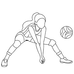 Minimalist line art of a female volleyball player in action, performing a low dig to receive the ball. Sporty pose with dynamic energy captured in a clean black-and-white vector illustration.
