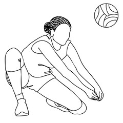 Minimalist vector line art of a female volleyball player in action, performing a low dig to receive the ball. African american woman playing volleyball. Olympic games