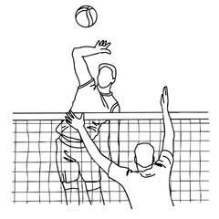 Minimalist line art of two male volleyball players at the net, one jumping to spike the ball while the other attempts to block. Dynamic sports moment captured in a clean, black-and-white vector style.