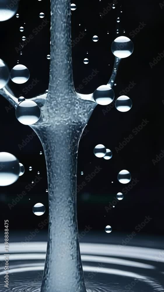 Poster abstract flowing clear liquid forming interconnected structure with suspended transparent spheres an