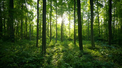 Obraz premium Sunlight Filtering Through Lush Forest Canopy