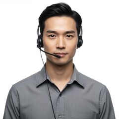 Professional customer service representative in headset with focused expression isolated on white background