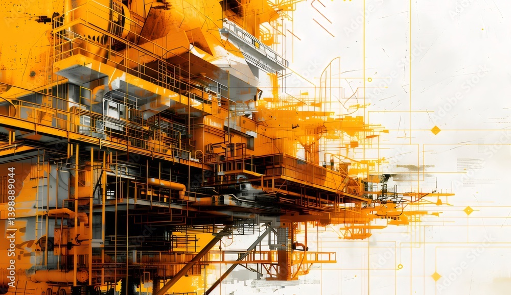 Poster abstract architectural structure rendered in orange and black featuring digital geometric shapes and