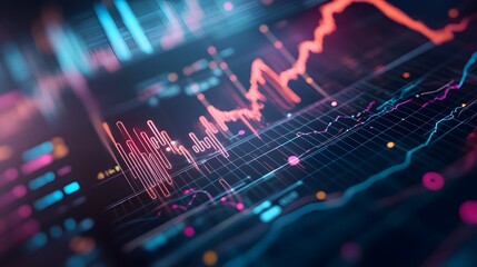 a complex data visualization representing market trends and financial information, with a focus on technological and economic concepts.