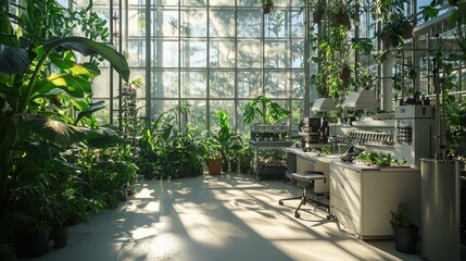 Obraz premium Sunlit greenhouse interior lush tropical plants, glass structure, workspace